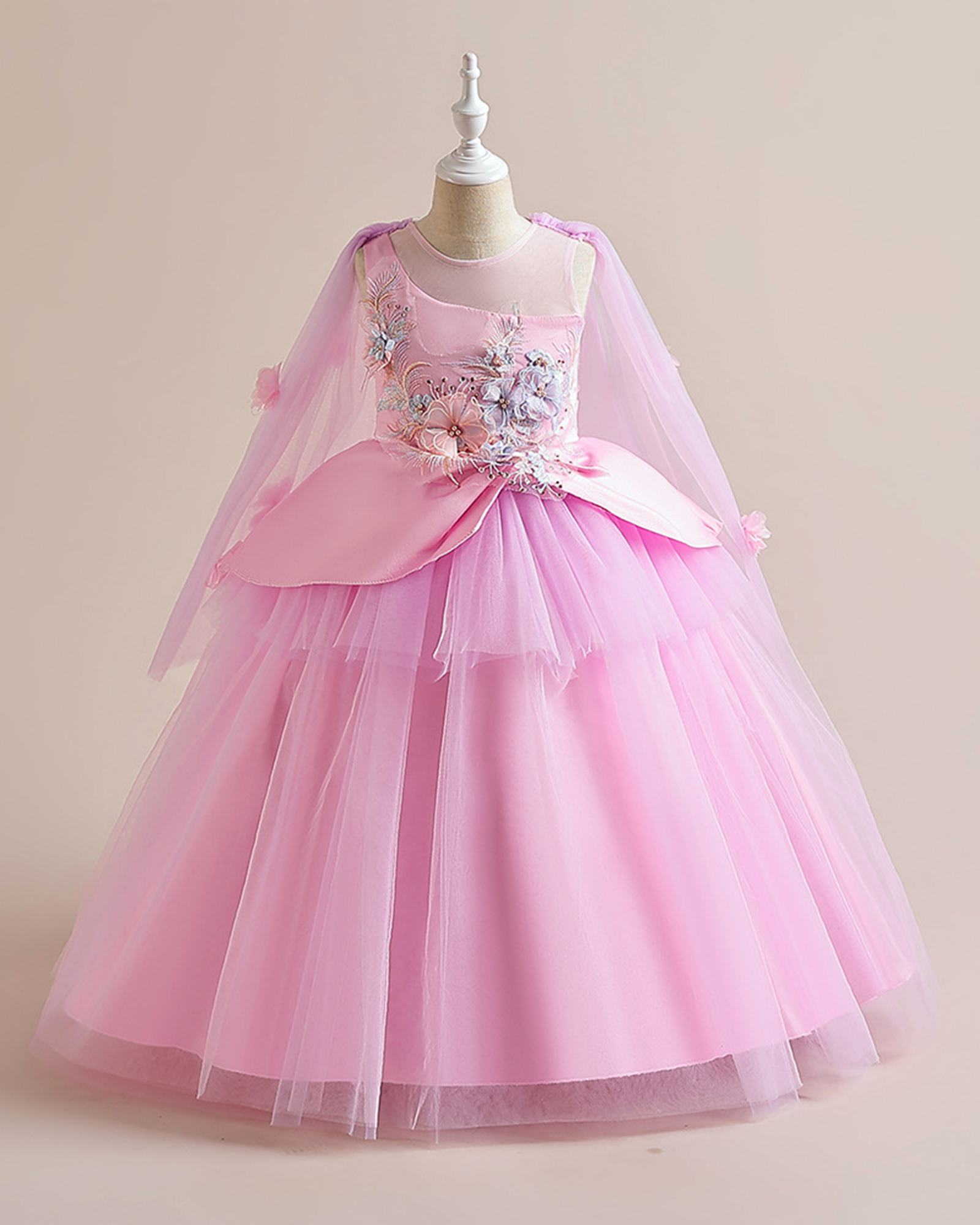 ✨Tulle Cape Gown – Satin Insets & Floral ✨