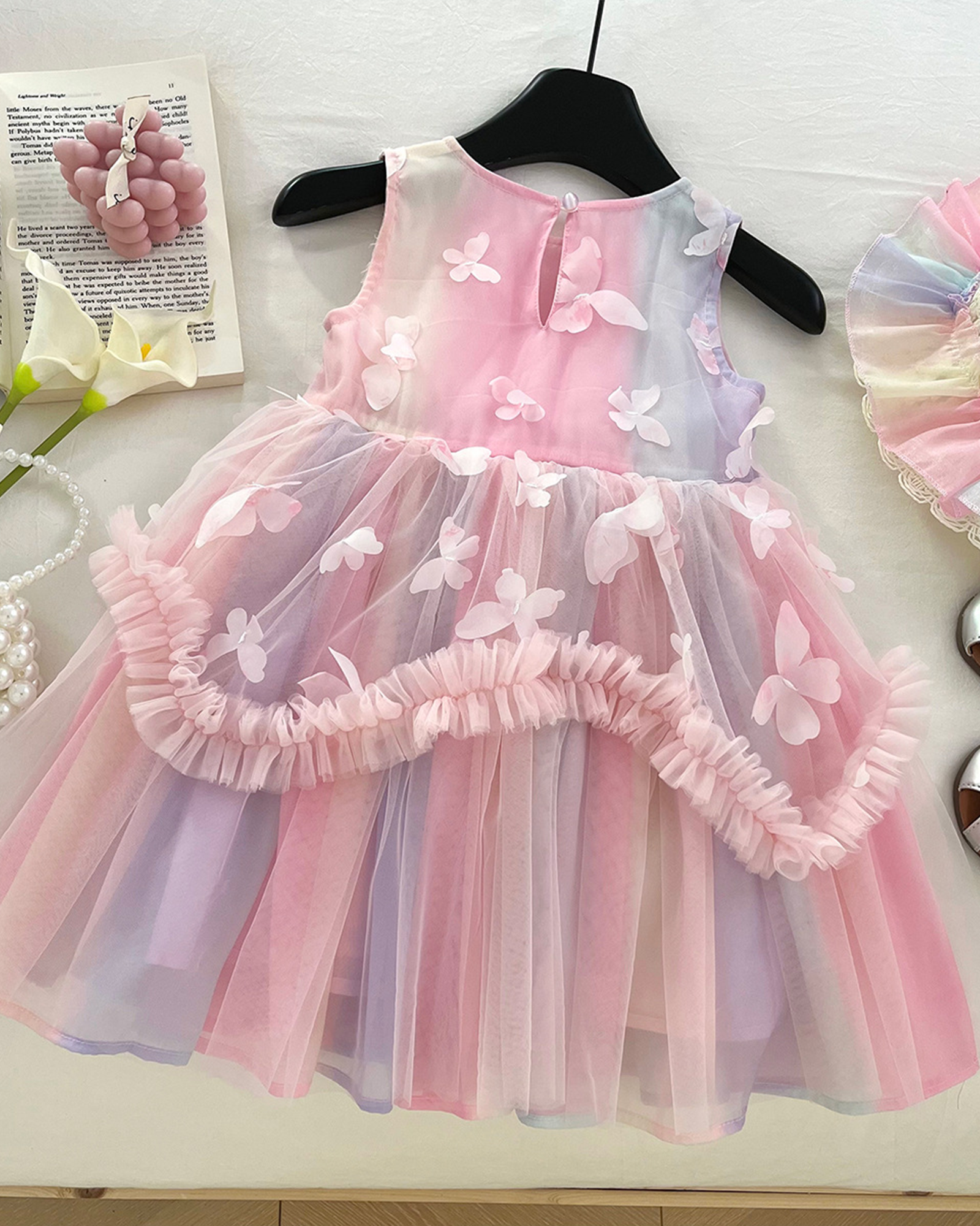 🌈 Rainbow Sleeveless Dress – Flutter & Lace 🦋