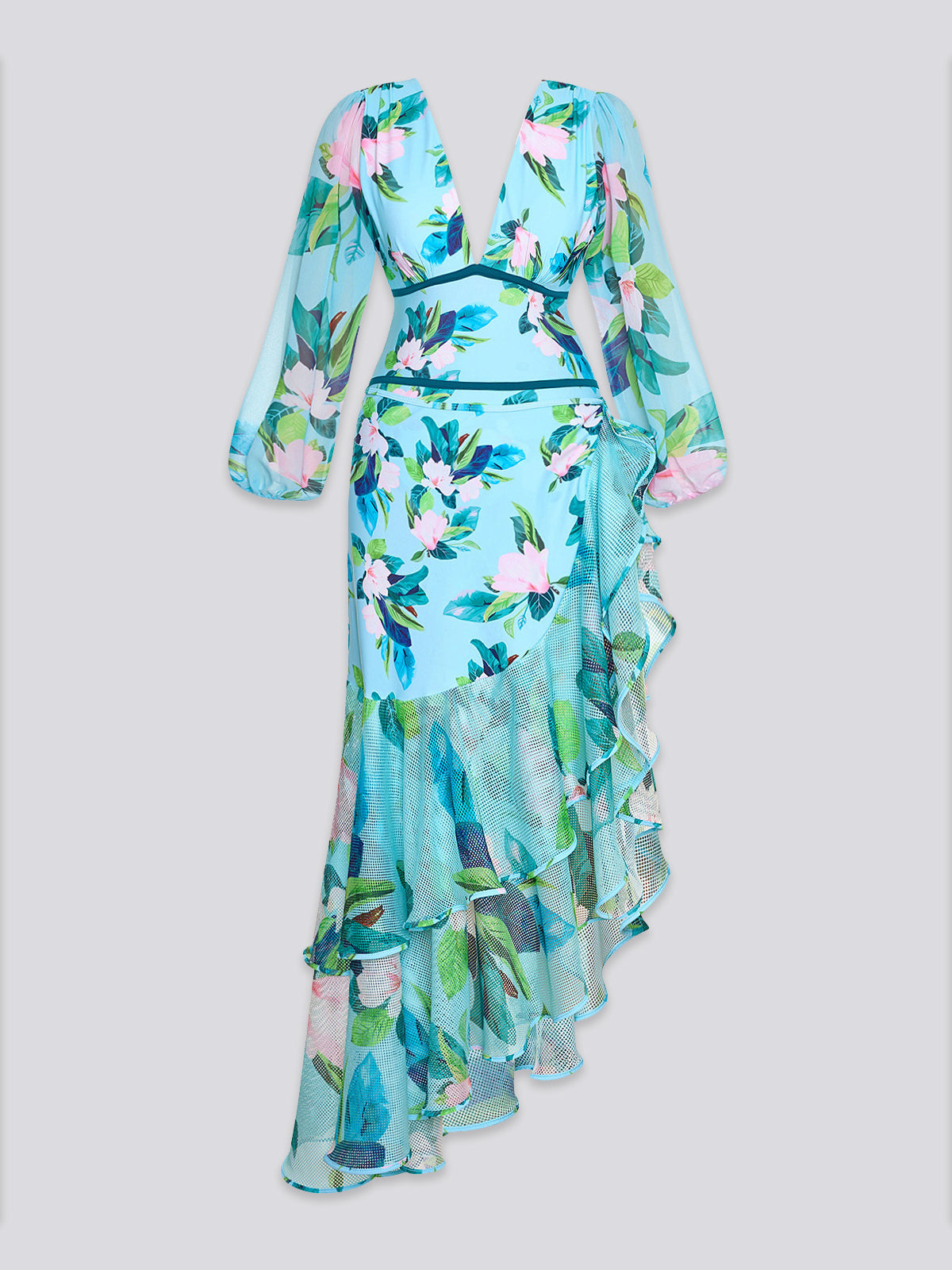 Plunging Floral Lantern-Sleeve Swimsuit Set