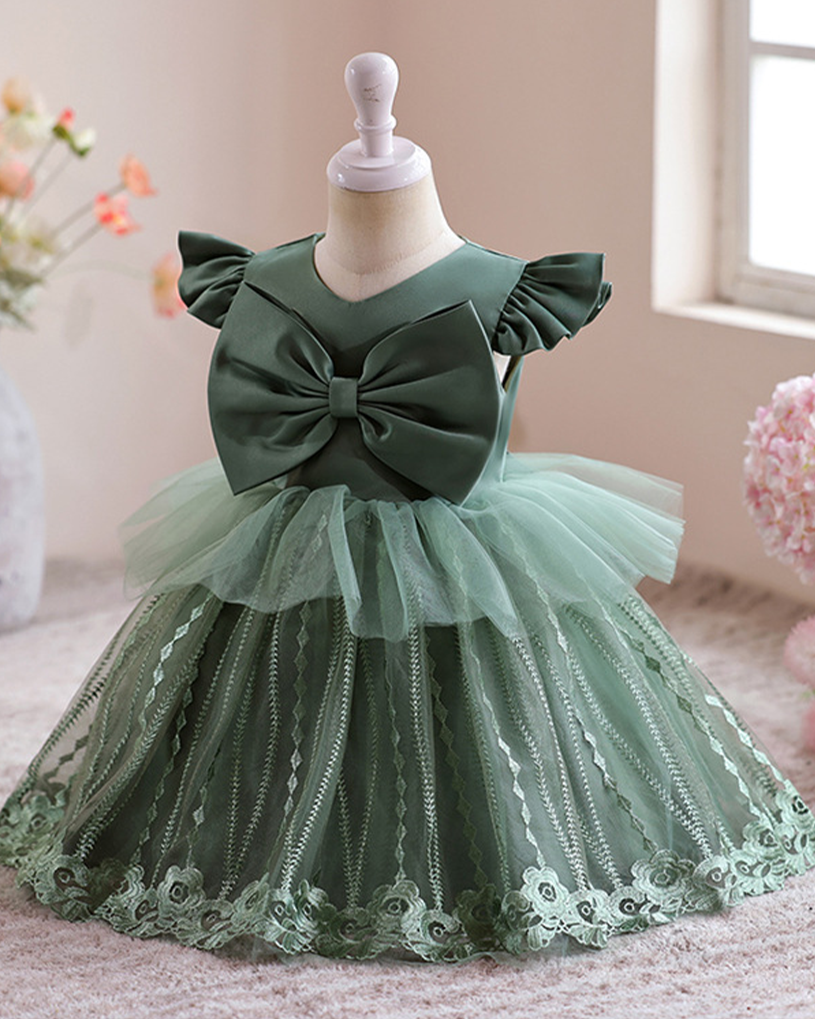🌷 Satin & Embroidered Dress – Bow Delight 🌷