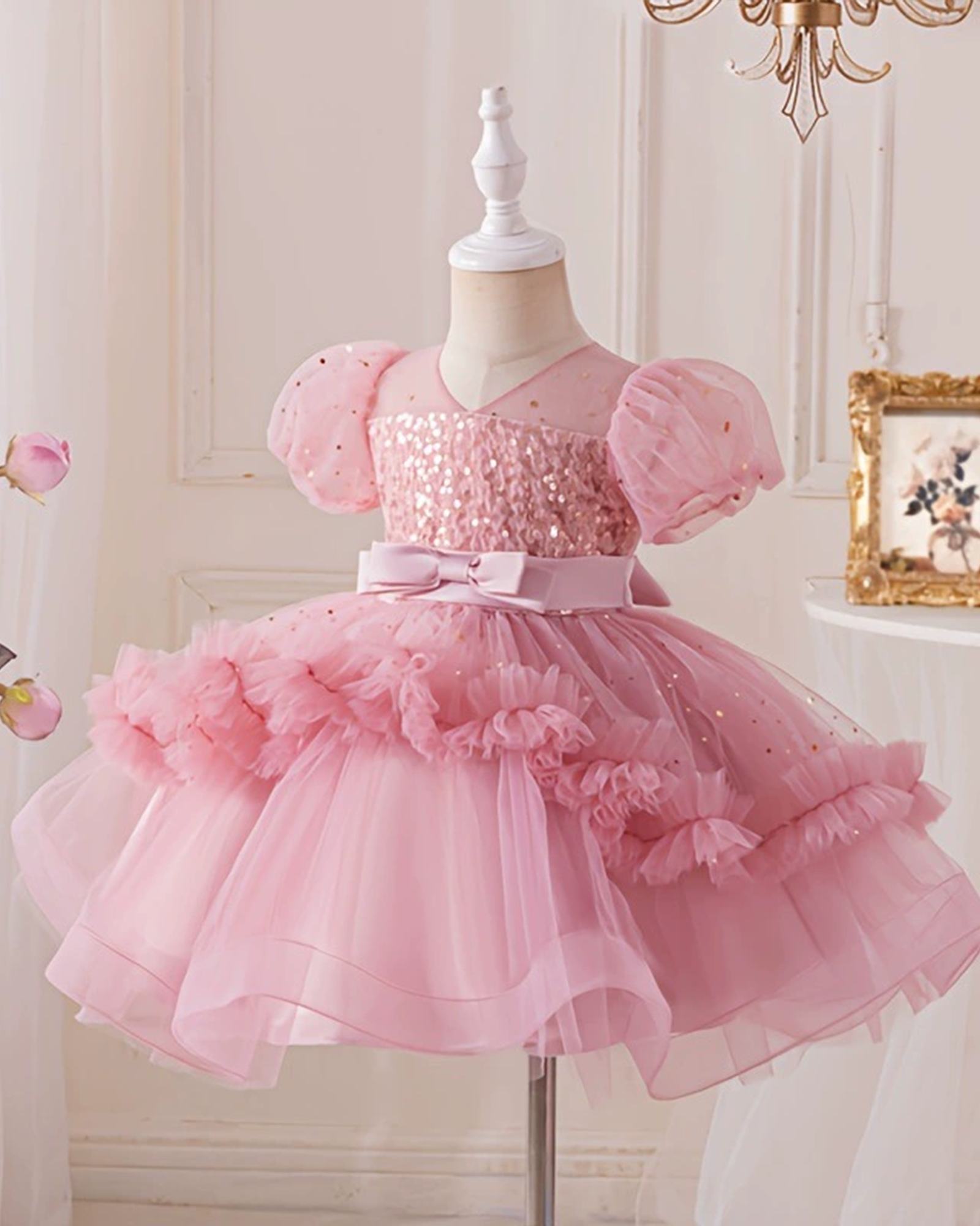 🌙Sparkling Tulle Dress – Puff Sleeve Elegance 🌙