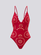 Red Scalloped Eyelet Plunging Swimsuit Set