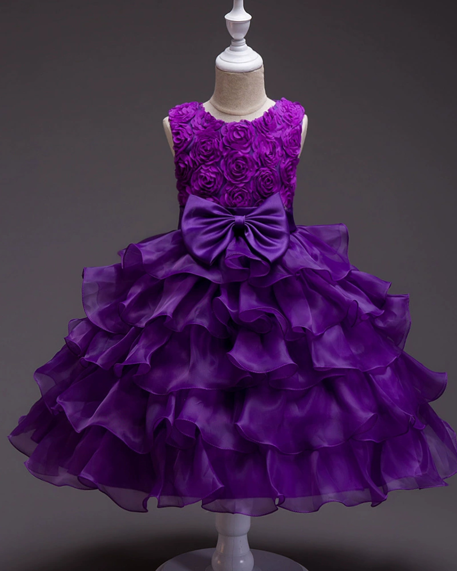 🌹Rose Cascade: Tiered Tulle Gown with 3D Velvet Petals✨