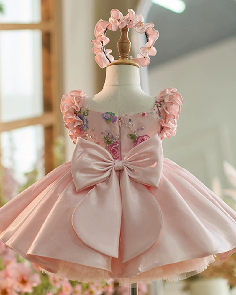 🌸Beaded Blossom Dream: Handcrafted Floral Pink Tulle Dress for Little Princesses✨