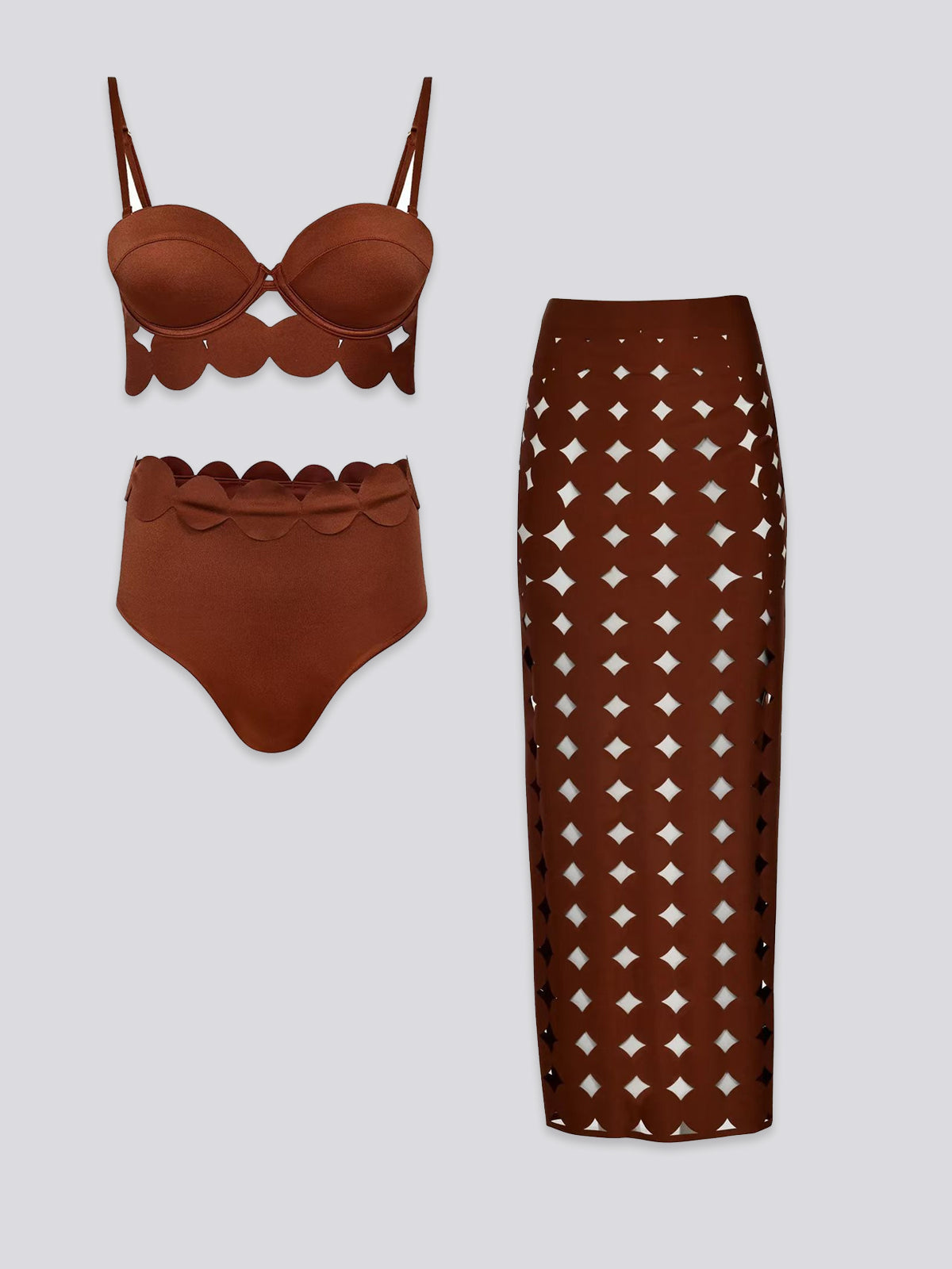 Brown Scalloped Underwire Laser-Cut Maxi Swimsuit Set