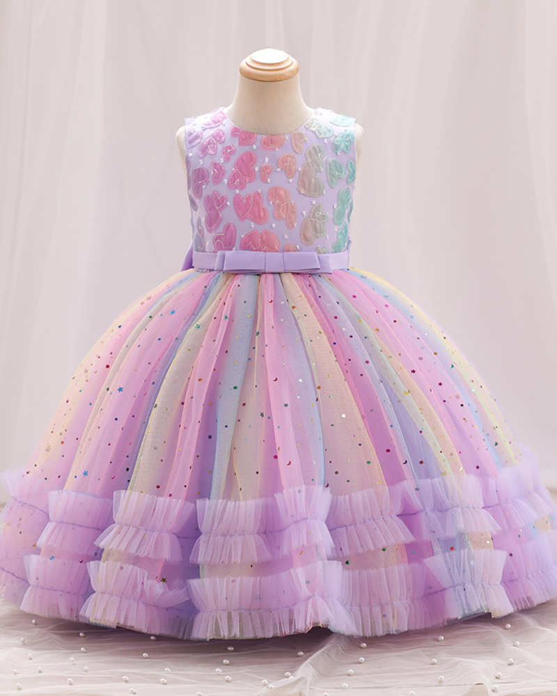 💖Rainbow Love: Color-Burst Tulle Dress with Heart Appliqués & Fluffy Layers 🌈