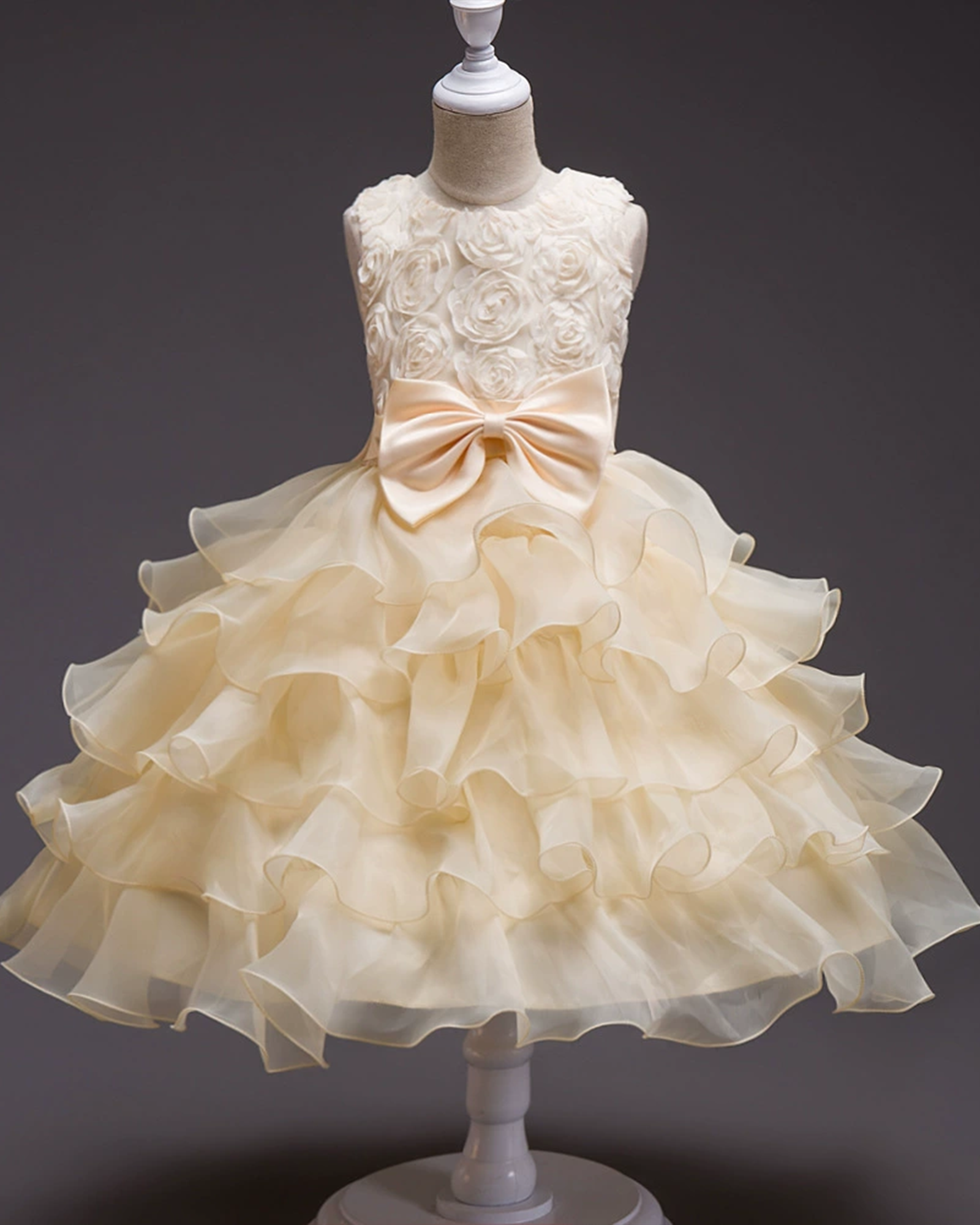 🌹Rose Cascade: Tiered Tulle Gown with 3D Velvet Petals✨