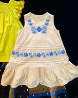 🌼 Meadow Bloom Dress – Embroidered Florals in Soft Apricot & Blue 💙