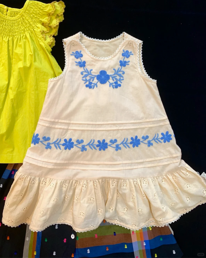 🌼 Meadow Bloom Dress – Embroidered Florals in Soft Apricot & Blue 💙