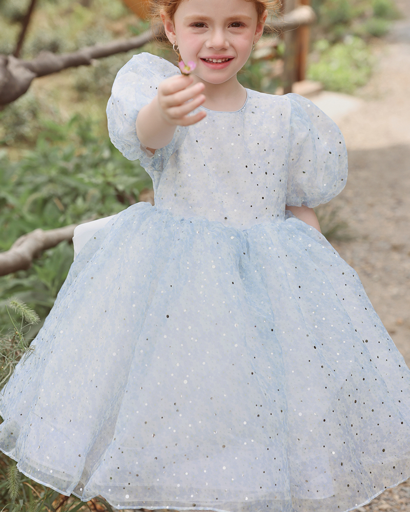 💫 Starlight Puff Sleeve Dress – Sparkle in Ocean Blue & Silver Dust ✨