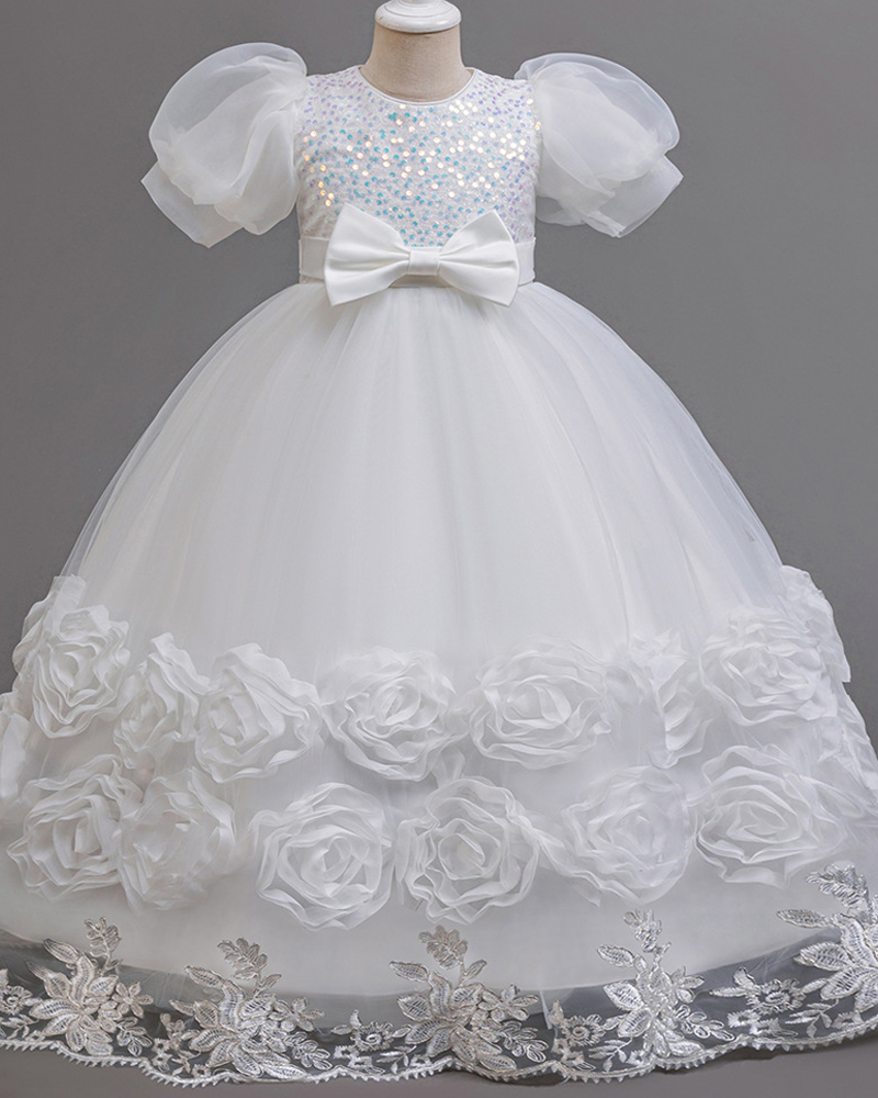 ✨Sparkle Garden Dress – Sequin Blooms & Bow 🌸