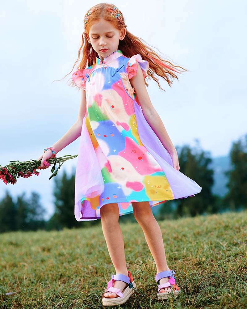 🐉 Little Blossom Qipao Dress – Ruffles, Tulle & Tie-Dye Whimsy 🌸