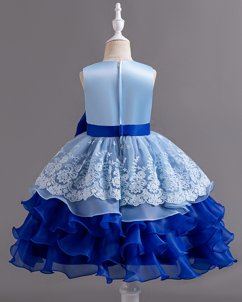 🎀Colorblock Princess: Bold Contrast Ruffled Gown with Oversized Sash Belt✨