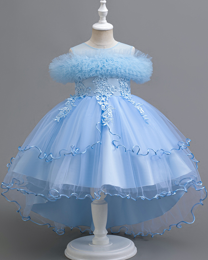 🌹Blossom Cascade: Lace-Flower Tiered Hem Dress for Little Ladies" 👗
