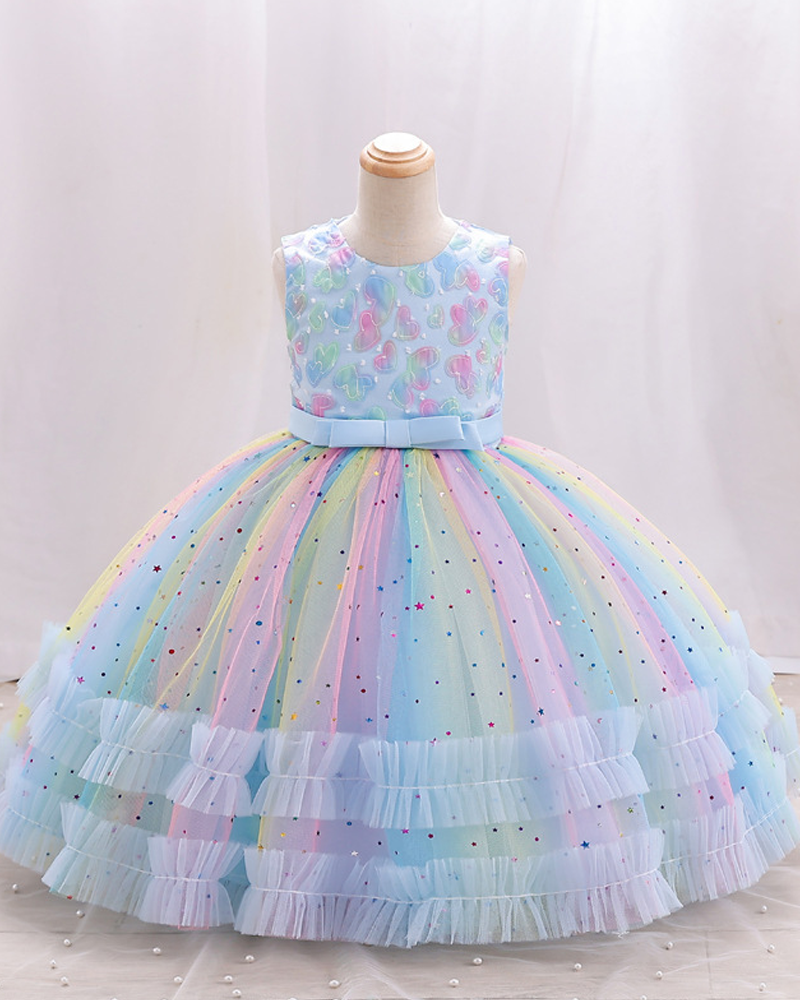 💖Rainbow Love: Color-Burst Tulle Dress with Heart Appliqués & Fluffy Layers 🌈