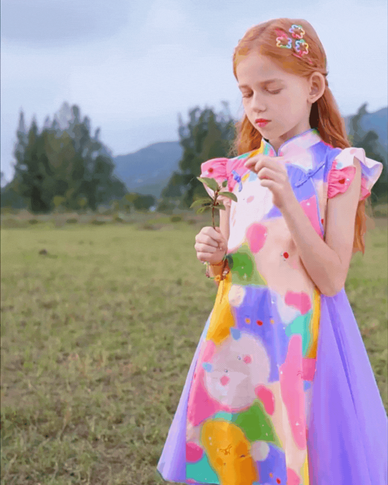 🐉 Little Blossom Qipao Dress – Ruffles, Tulle & Tie-Dye Whimsy 🌸