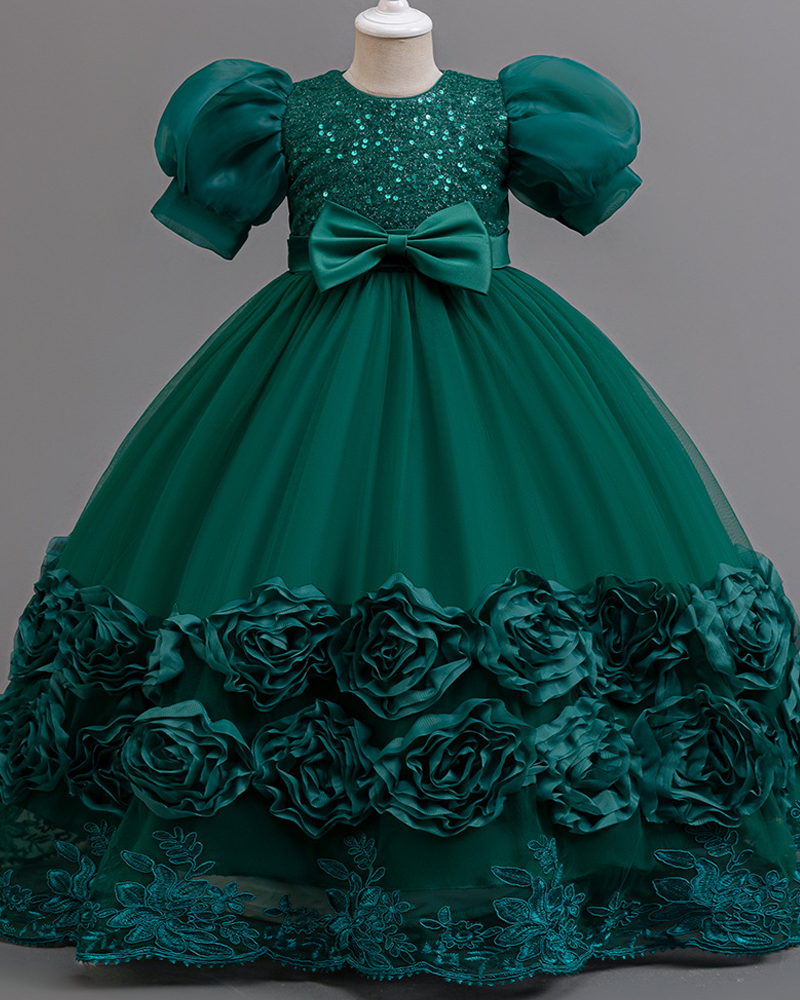 ✨Sparkle Garden Dress – Sequin Blooms & Bow 🌸
