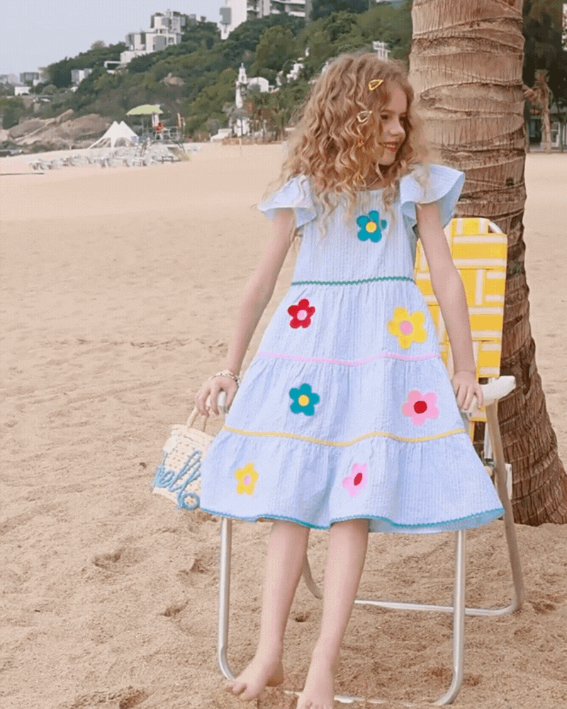 💙 Dopamine Daisy Stripe Dress – Flutter Fun in Bloomy Blue 🌼