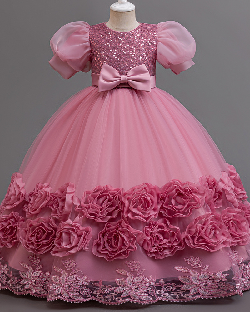 ✨Sparkle Garden Dress – Sequin Blooms & Bow 🌸