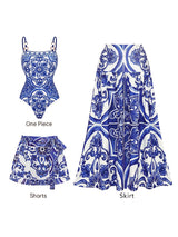 Mediterranean Pattern Ring-Detail 3-Piece Swimsuit Set