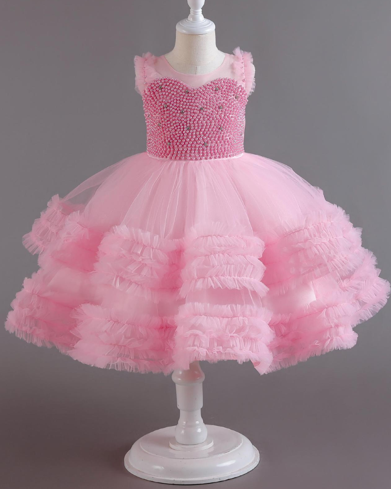 🌙Pearl Embellished Dress – Tulle & Bow Elegance 🌙