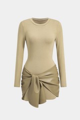 Faux Leather Patchwork Tie Front Round Neck Ruched Mini Dress