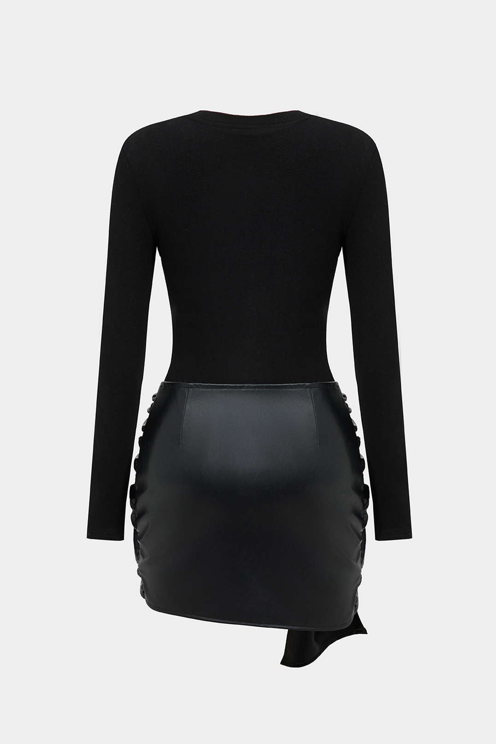 Faux Leather Patchwork Tie Front Round Neck Ruched Mini Dress