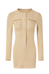 Luxury Tweed Mini Dress with Shoulder Pads & Contrast Trim | Black & Gold