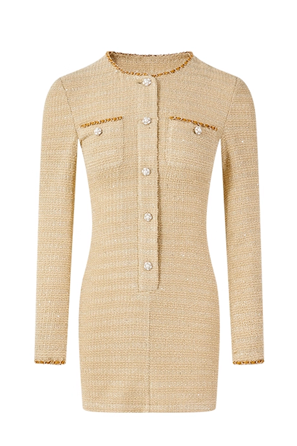 Luxury Tweed Mini Dress with Shoulder Pads & Contrast Trim | Black & Gold