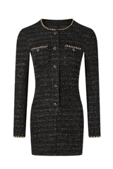 Luxury Tweed Mini Dress with Shoulder Pads & Contrast Trim | Black & Gold