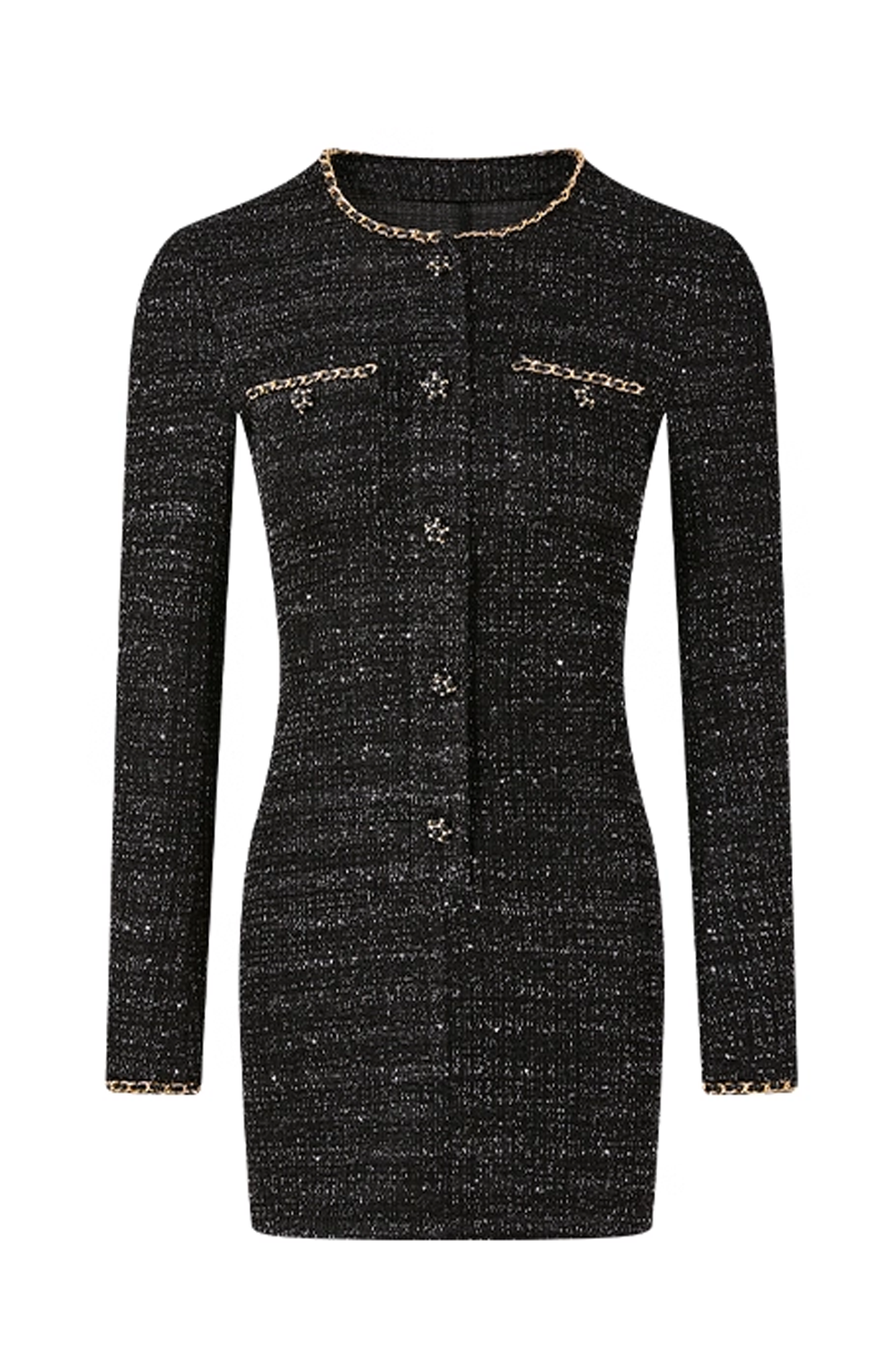 Luxury Tweed Mini Dress with Shoulder Pads & Contrast Trim | Black & Gold