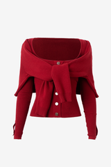 Scarlet Faux-Layered Shawl Knit Top | Slim-Fit Ribbed Cardigan with Tie Detail