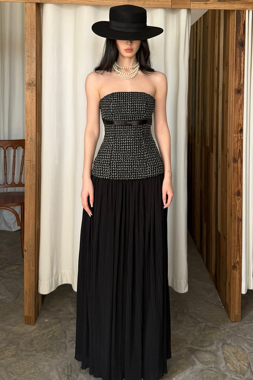 Blush Pink Tweed Strapless Maxi Dress