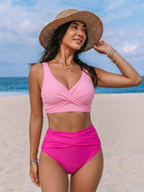 Criss-Cross V-Neck Ruched High-Waisted Bikini Set