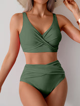 Criss-Cross V-Neck Ruched High-Waisted Bikini Set