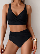 Criss-Cross V-Neck Ruched High-Waisted Bikini Set