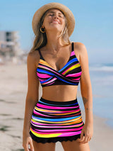 Vibrant Striped Ruffled Skirted Bikini Set