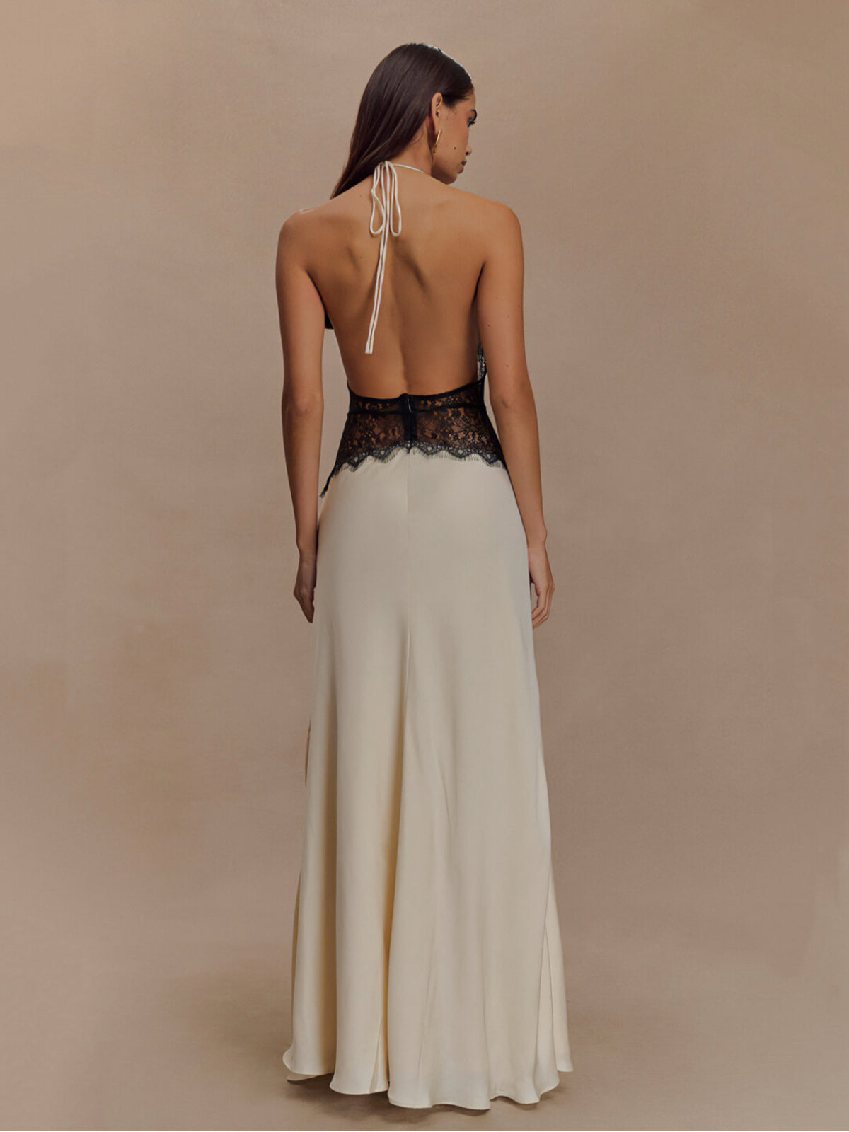 Lace-Panelled Halter Backless Maxi Dress
