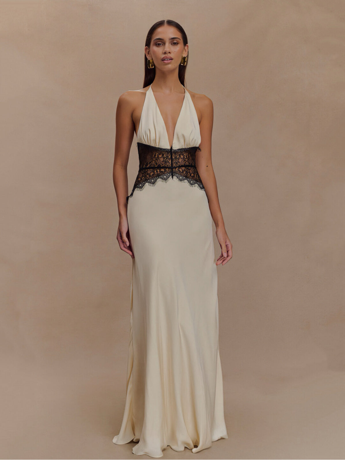 Lace-Panelled Halter Backless Maxi Dress