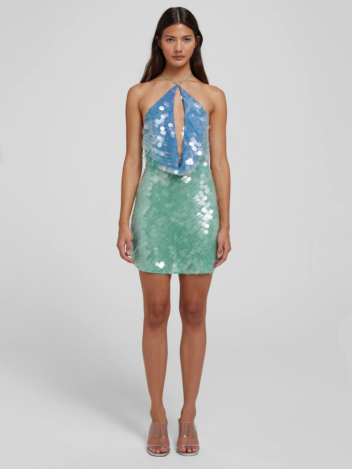 Gradient Sequin Halter Keyhole Open-Back Mini Dress