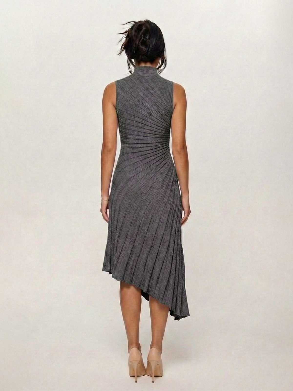 Radiating Pleat High-Neck Asymmetrical Hem Knit Midi-Dress