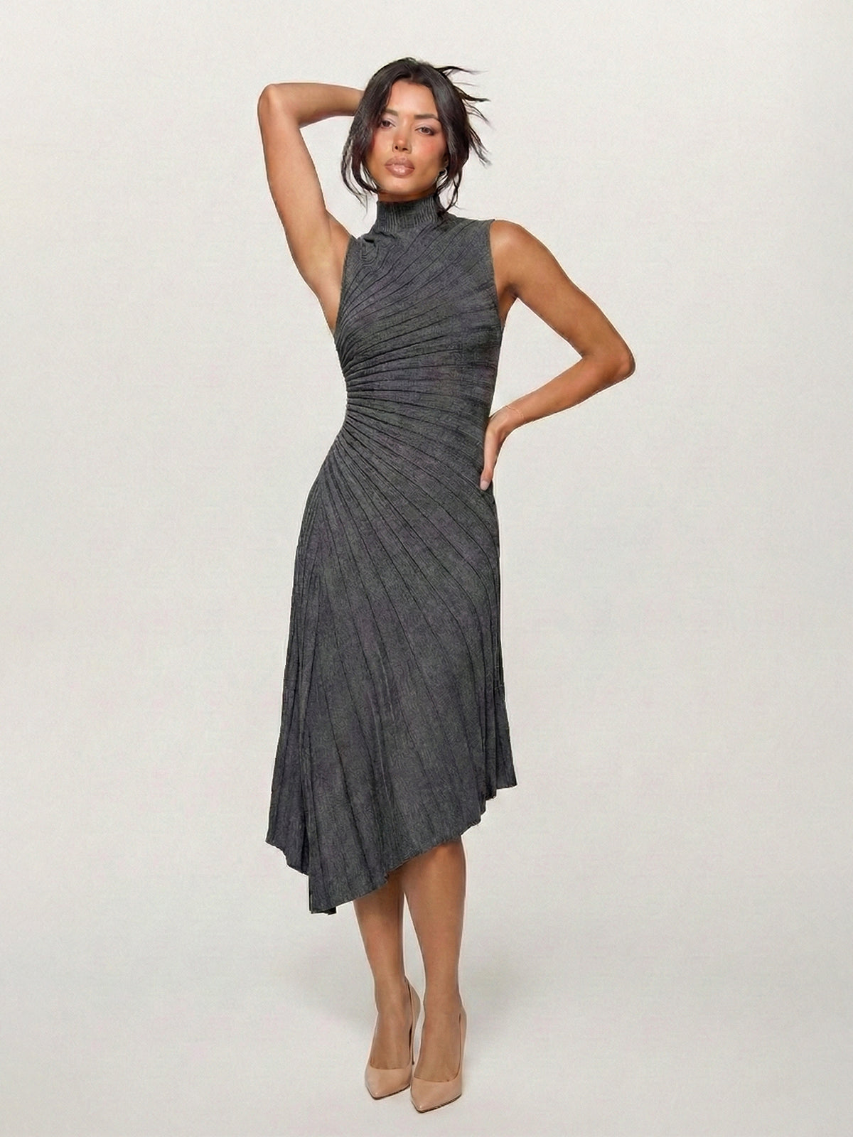 Radiating Pleat High-Neck Asymmetrical Hem Knit Midi-Dress