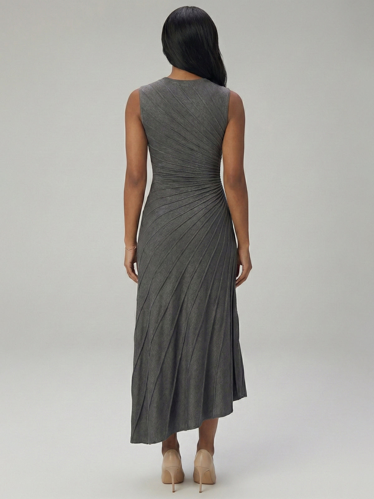 Radiating Pleat O Neck Asymmetrical Hem Midi-Dress
