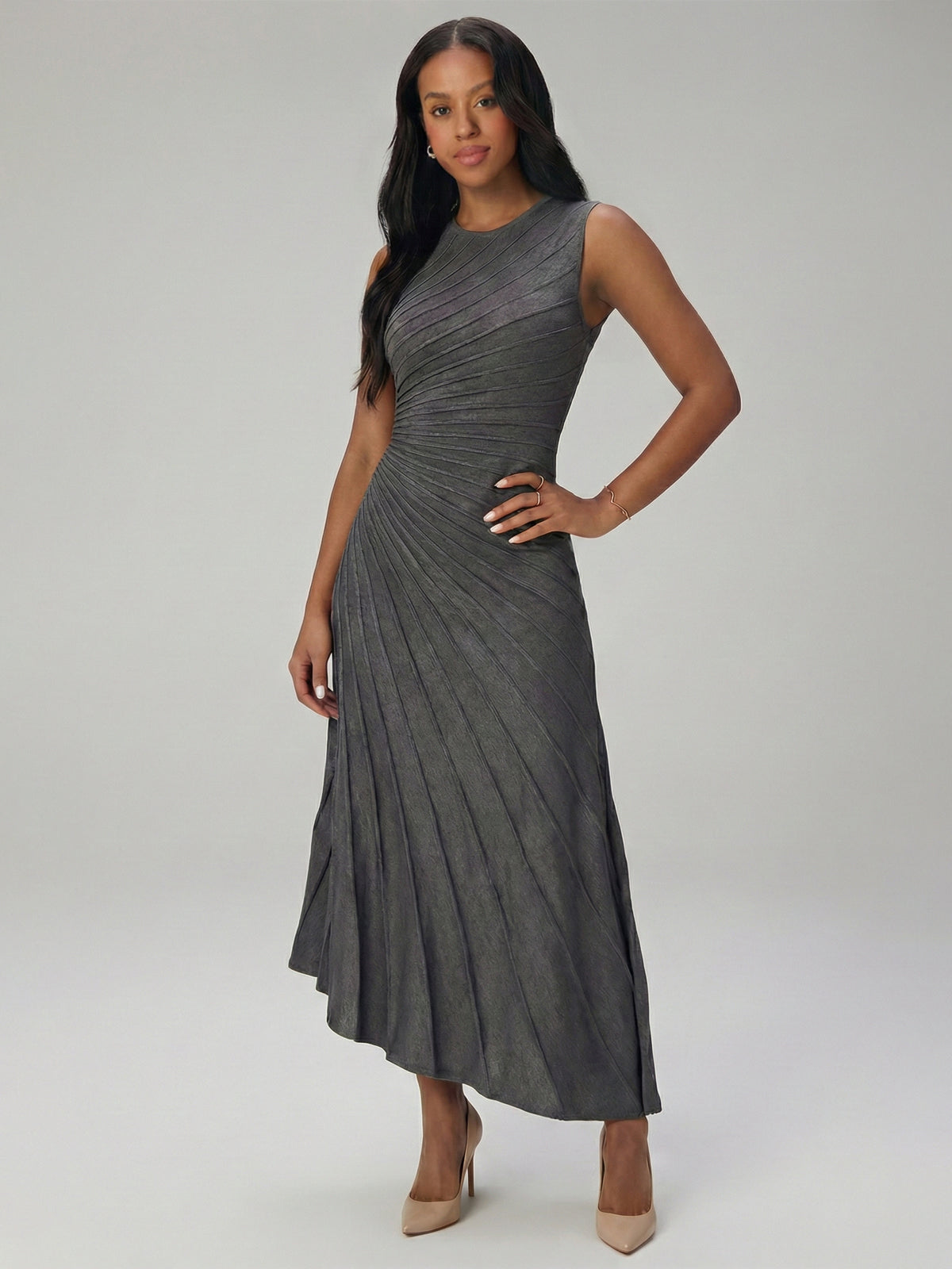 Radiating Pleat O Neck Asymmetrical Hem Midi-Dress