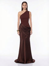 Asymmetrical Draped One-Shoulder Satin-Finish Maxi Dress
