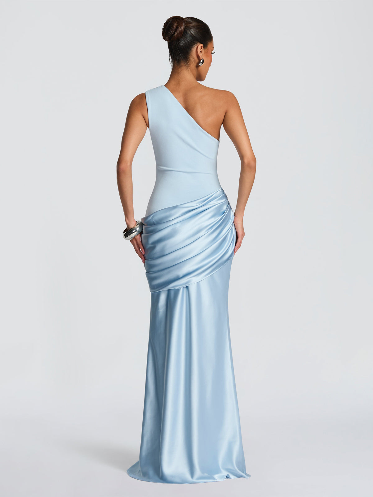 Asymmetrical Draped One-Shoulder Satin-Finish Maxi Dress