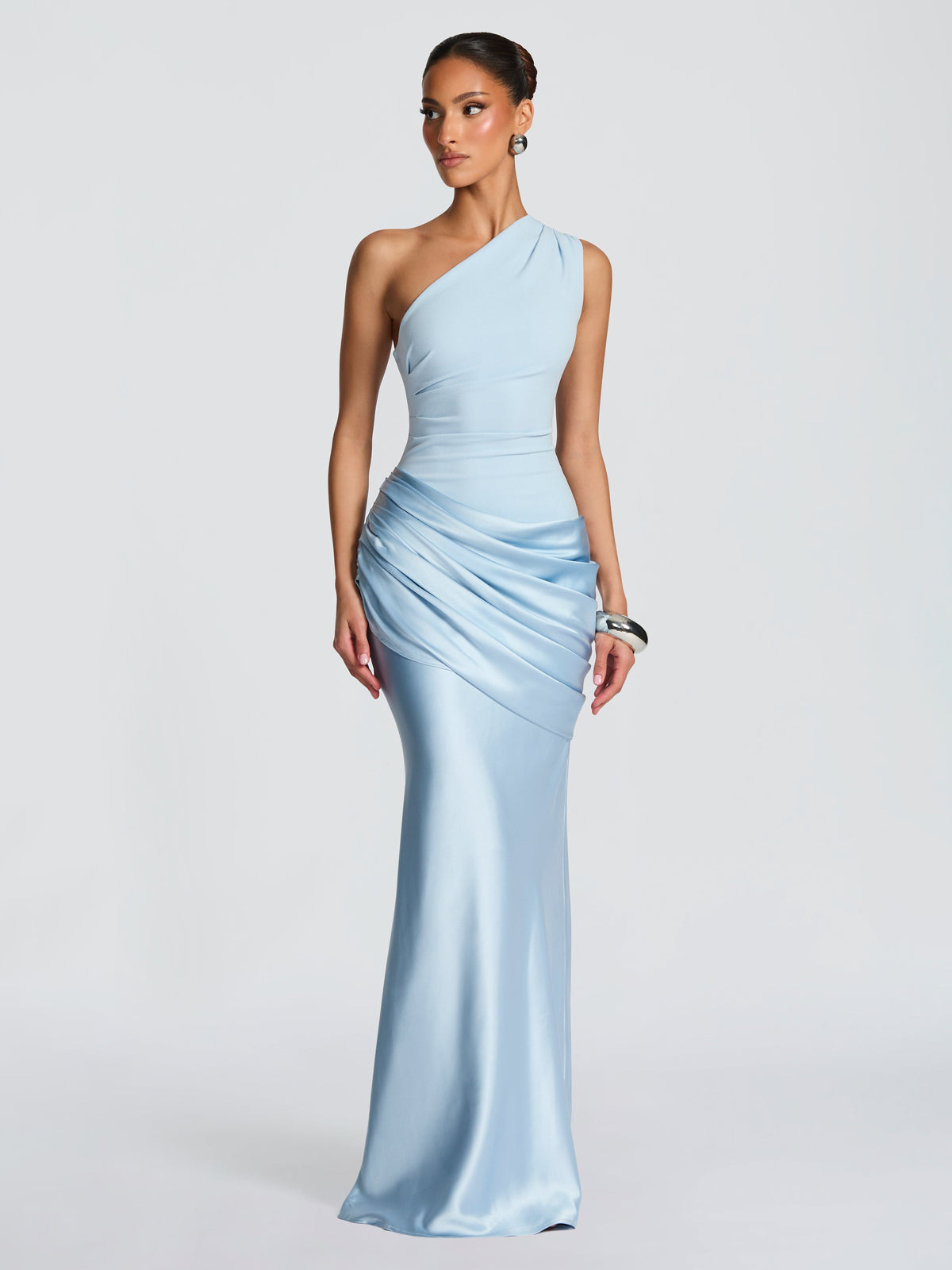 Asymmetrical Draped One-Shoulder Satin-Finish Maxi Dress