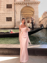 Corset-Back Satin-Finish Mesh-Draped Maxi Dress