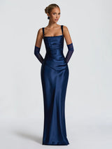 Corset-Back Satin-Finish Mesh-Draped Maxi Dress