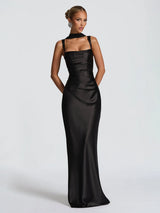 Corset-Back Satin-Finish Mesh-Draped Maxi Dress